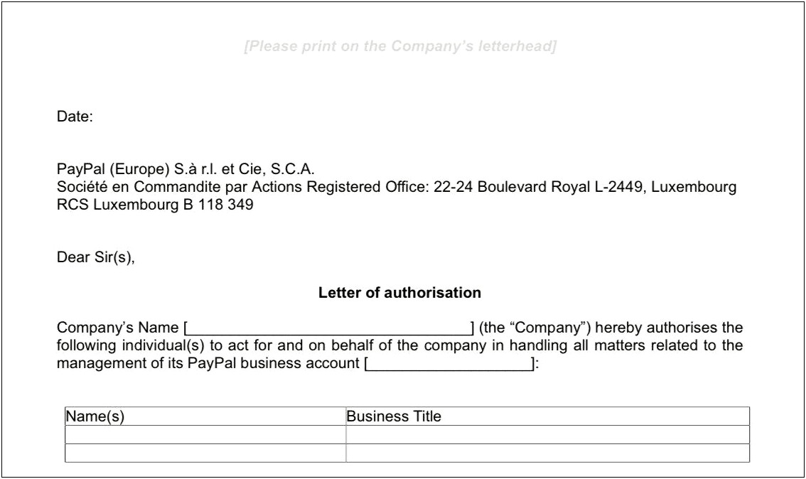 Paypal Australia Letter Of Authorisation Template