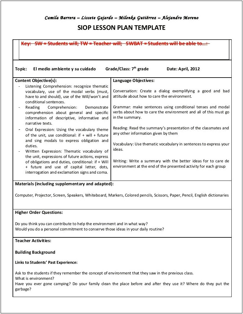 Pearson Siop Lesson Plan Template 3