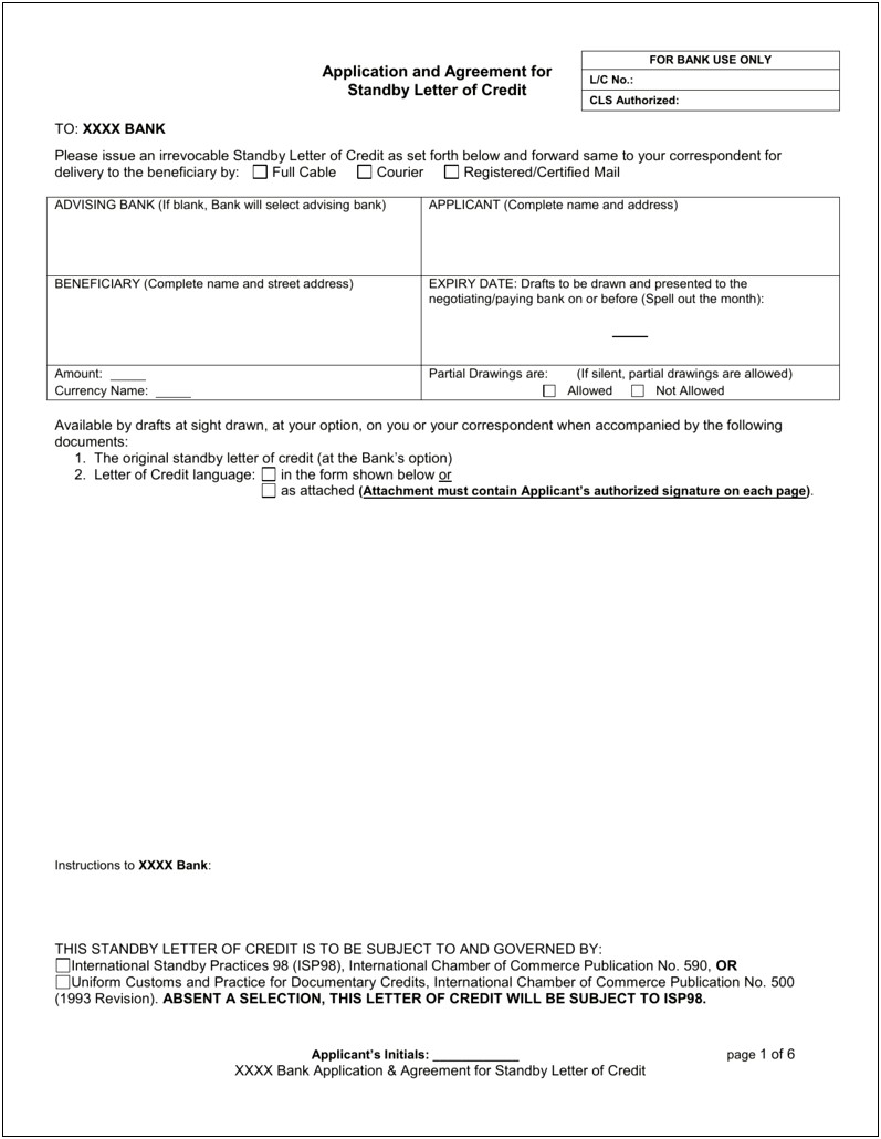 Performance Standby Letter Of Credit Template