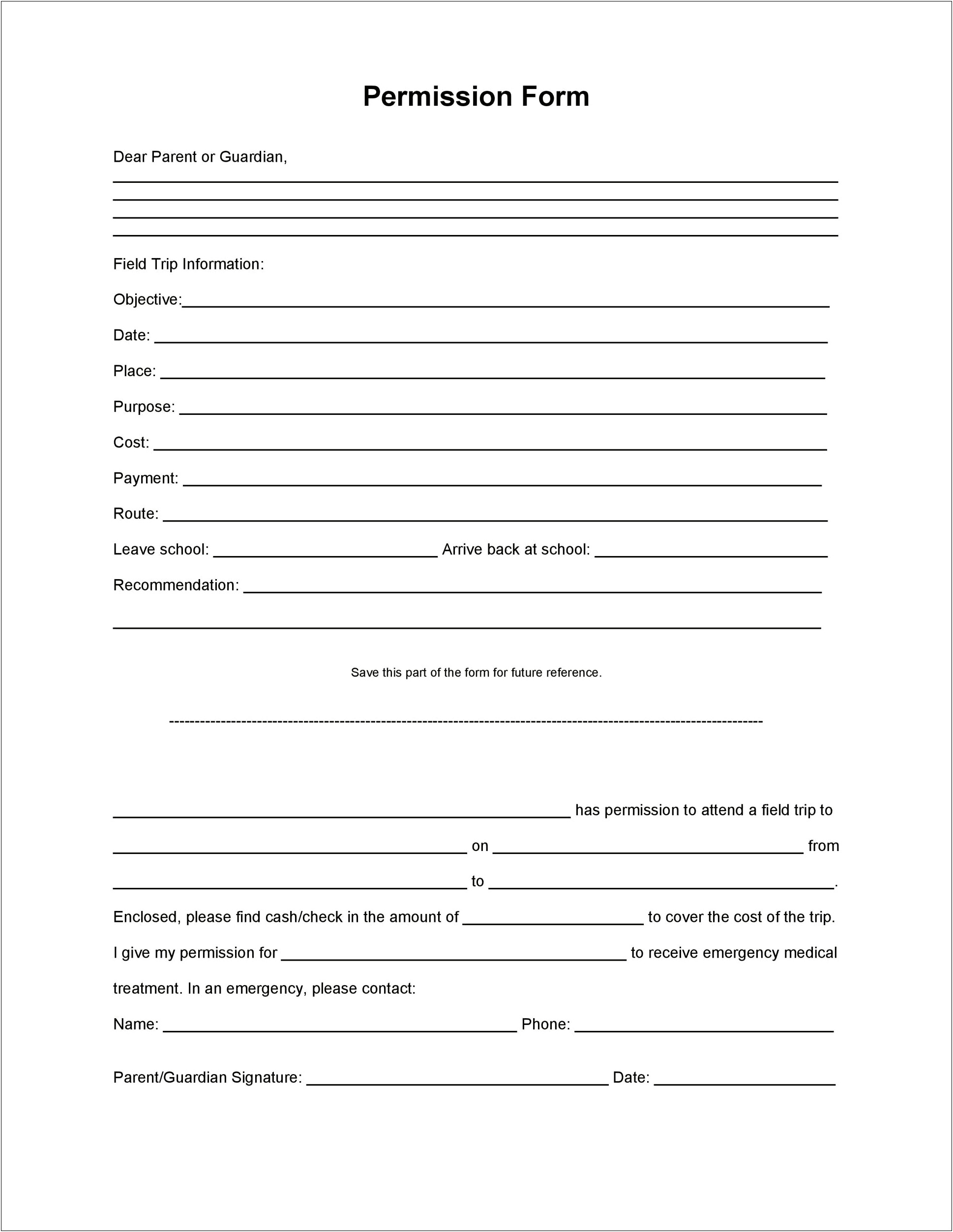 Permission Slip Letter To Parents Template