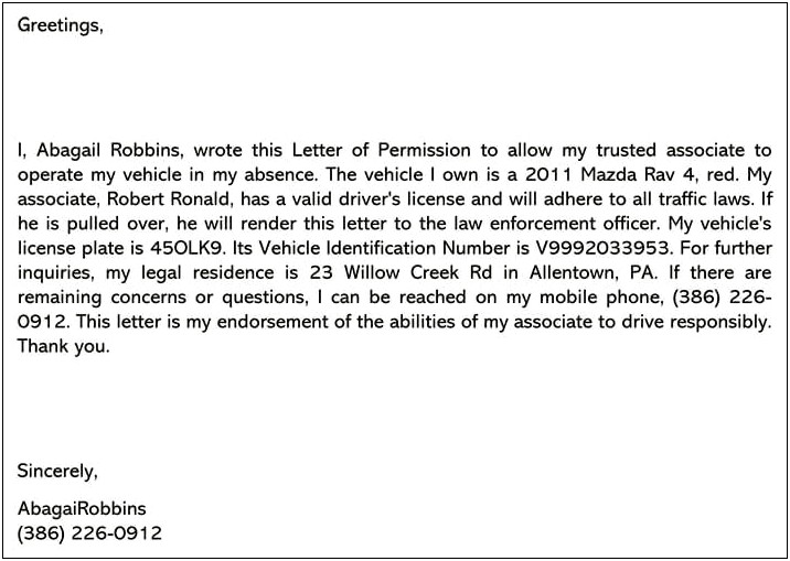 Permission To Drive Vehicle Letter Template