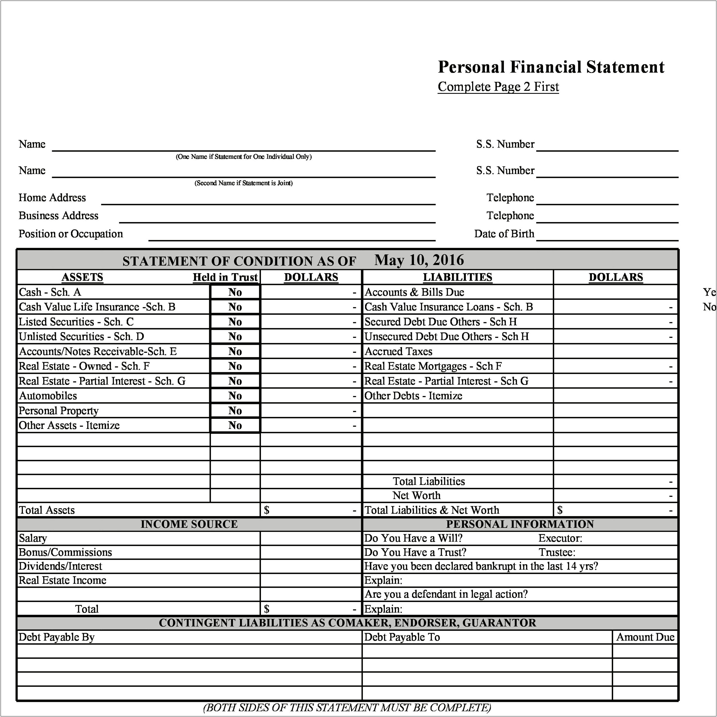 Personal Financial Statement Template For Business Plan