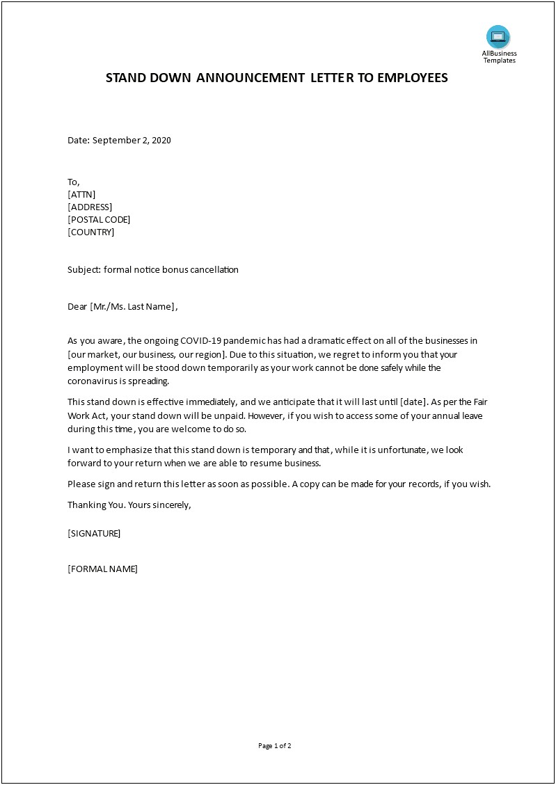 Personal Hygiene Letter To Employees Template