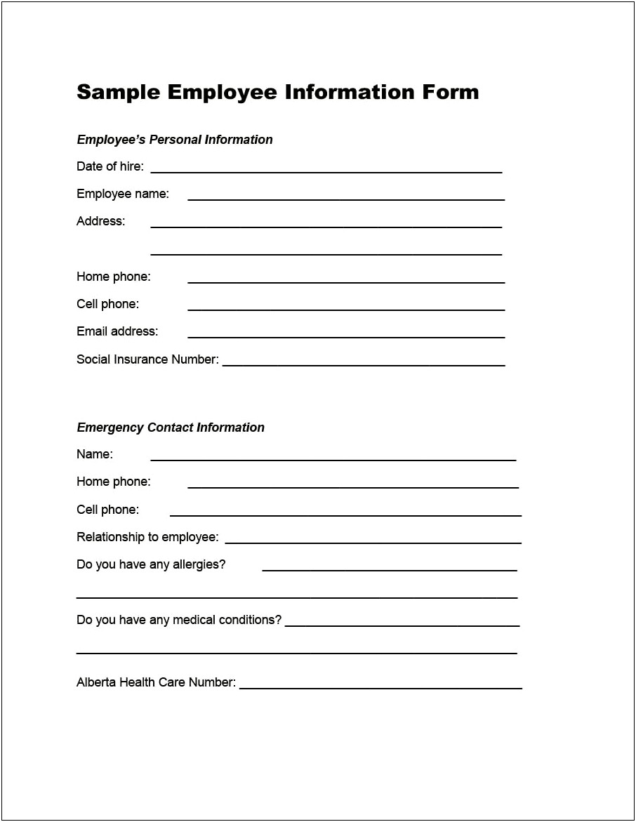 Personal Information Form Template Word 2007