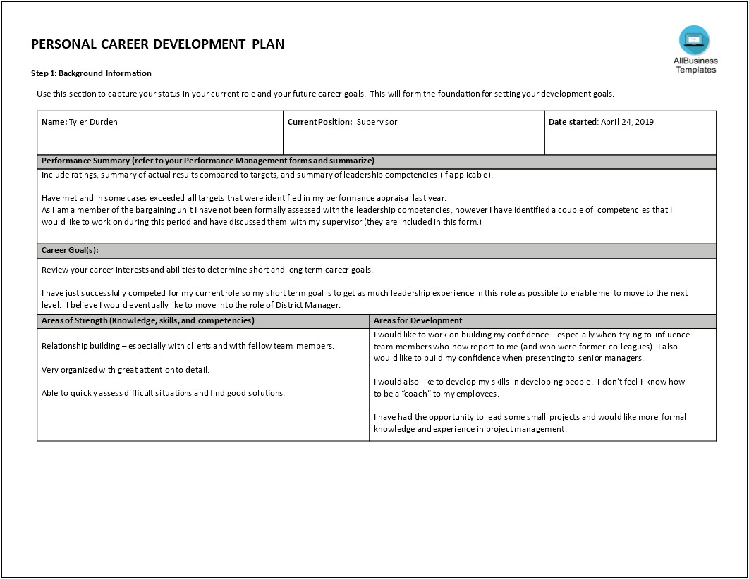 Personal Leadership Development Plan Template Sample