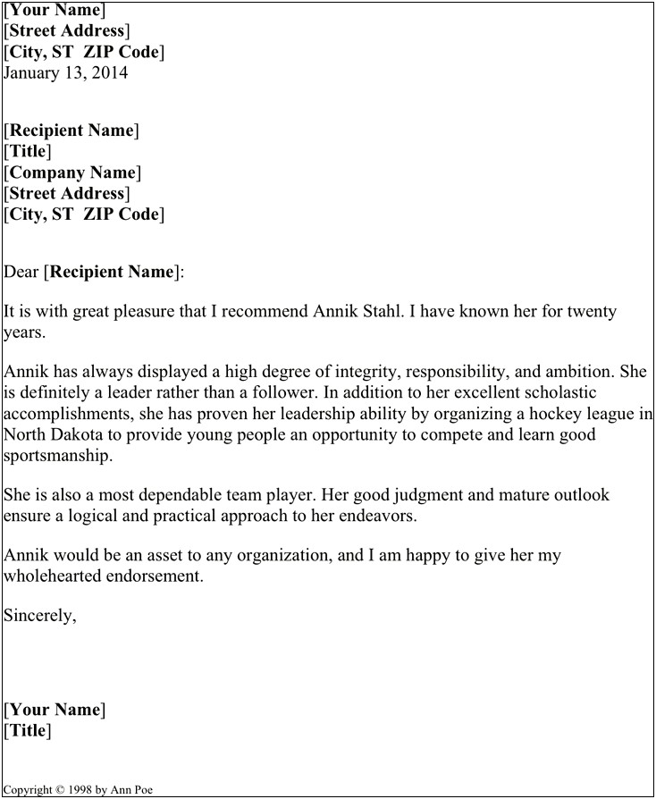 Personal Letter Of Character Reference Template