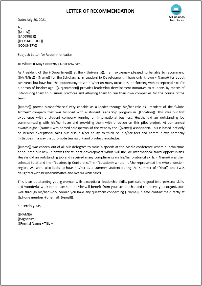 Personal Letter Of Recommendation For College Template