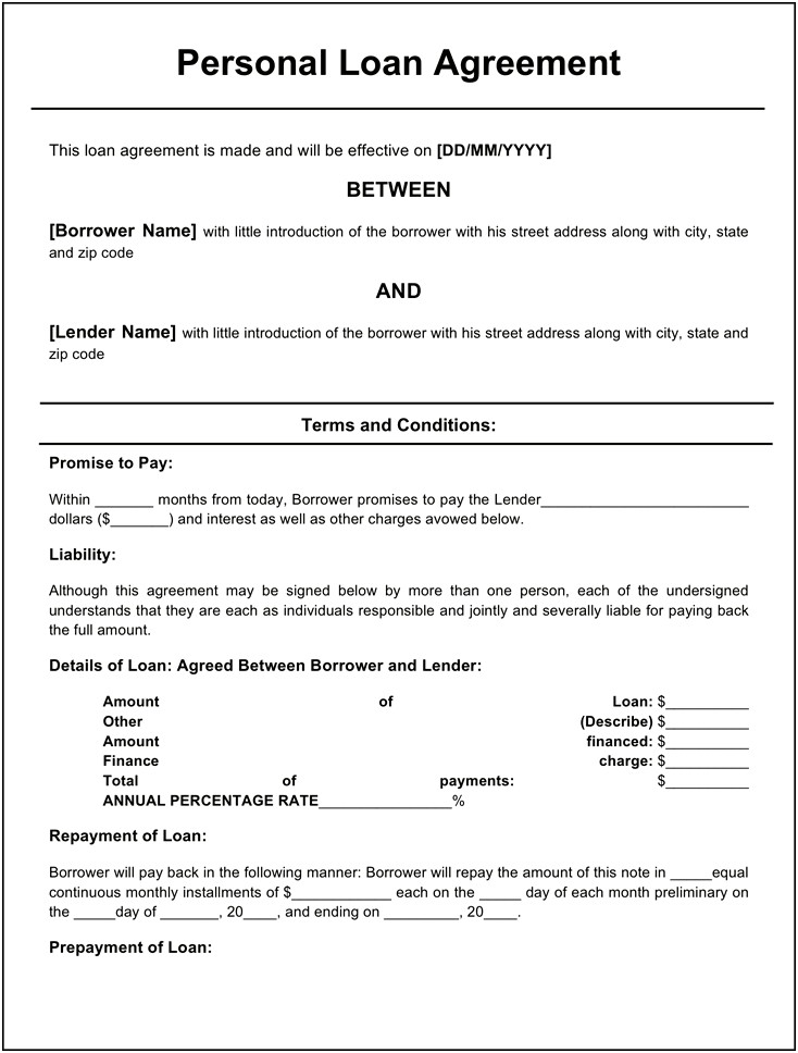 Personal Loan Agreement Template Free Word