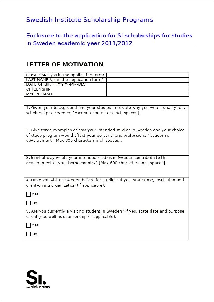 Personal Motivation Letter Si Template Required