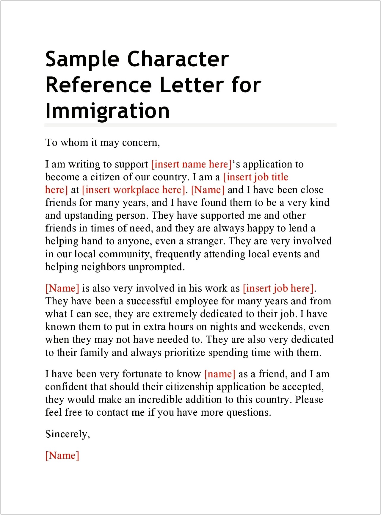 Personal Recommendation Letter For Immigration Template