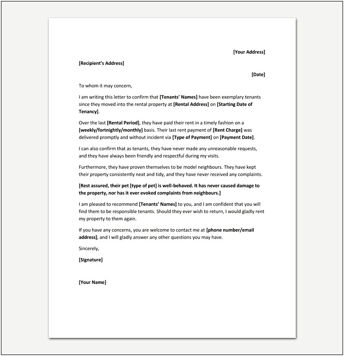 Personal Recommendation Letter Template For Rental Property