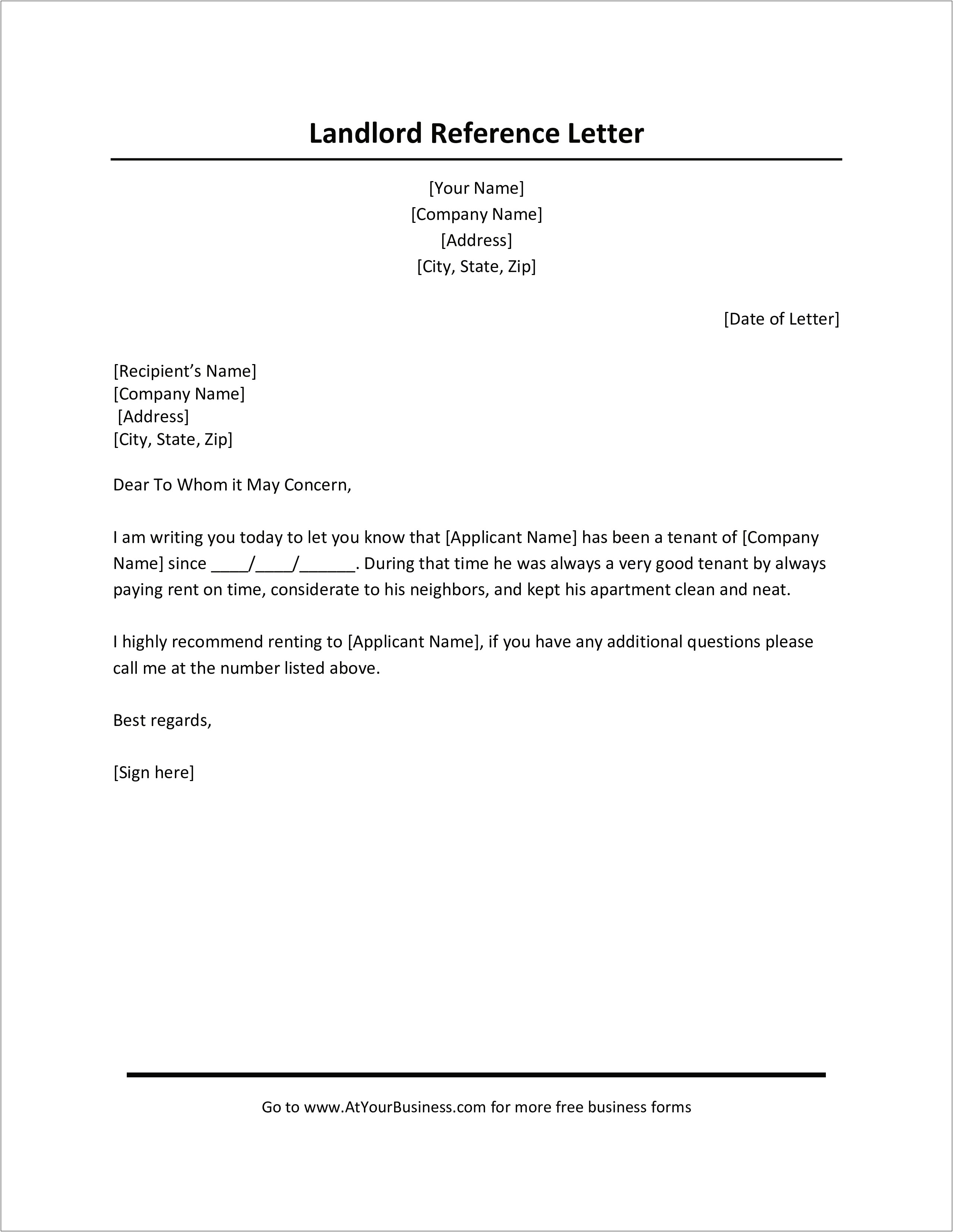 Personal Reference Letter For Apartment Template