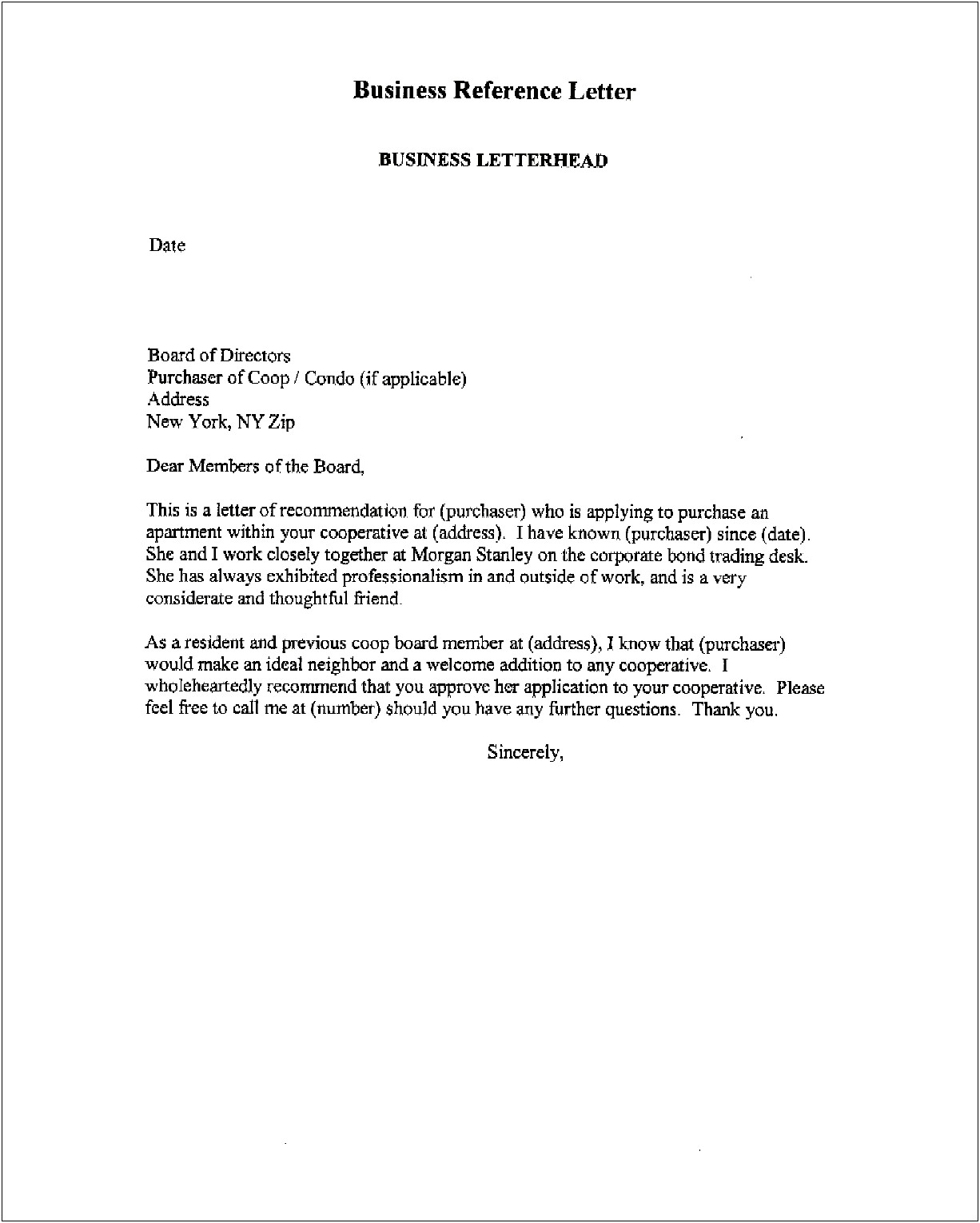 Personal Reference Letter For Co Op Board Template