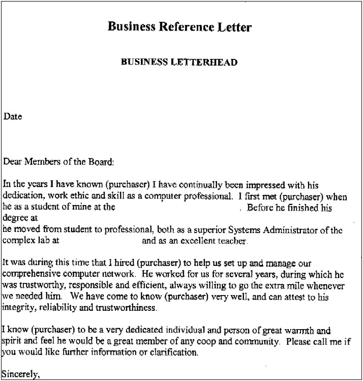 Personal Reference Letter For Coop Board Template