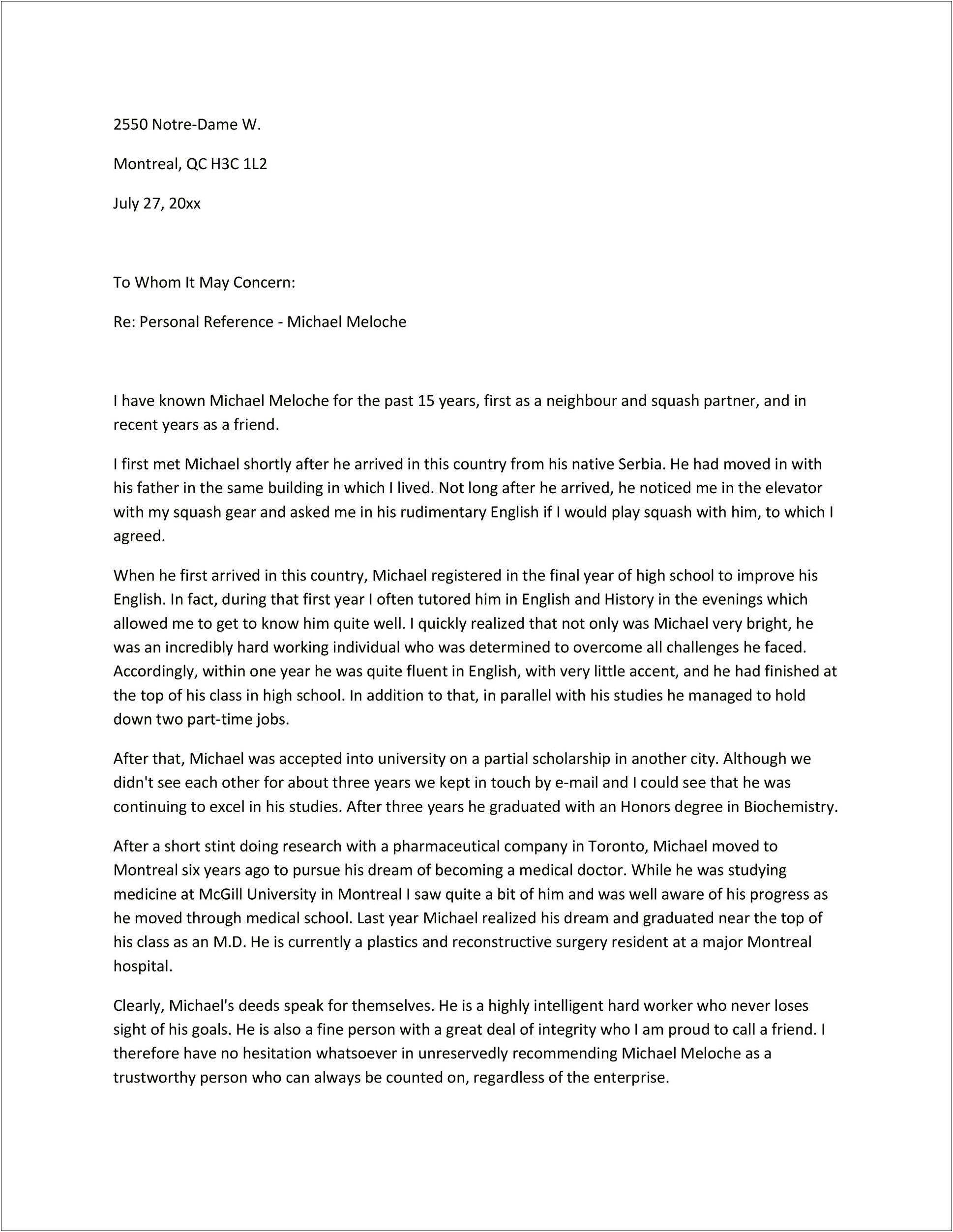 Personal Reference Letter For Coop Template