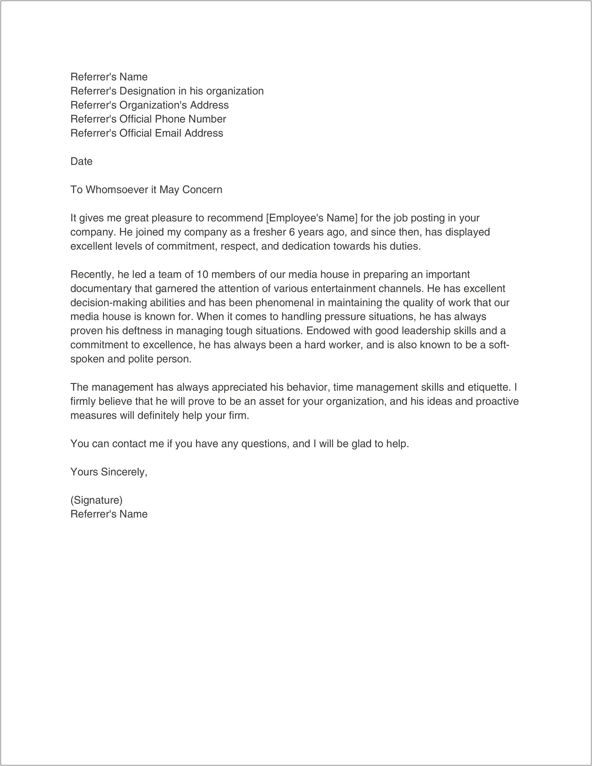 Personal Reference Letter For Court Template