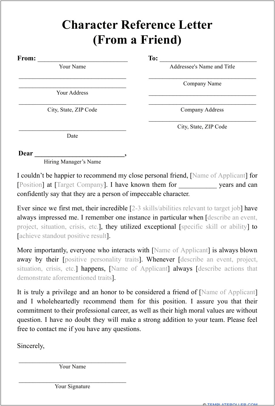 Personal Reference Letter For Friend Template