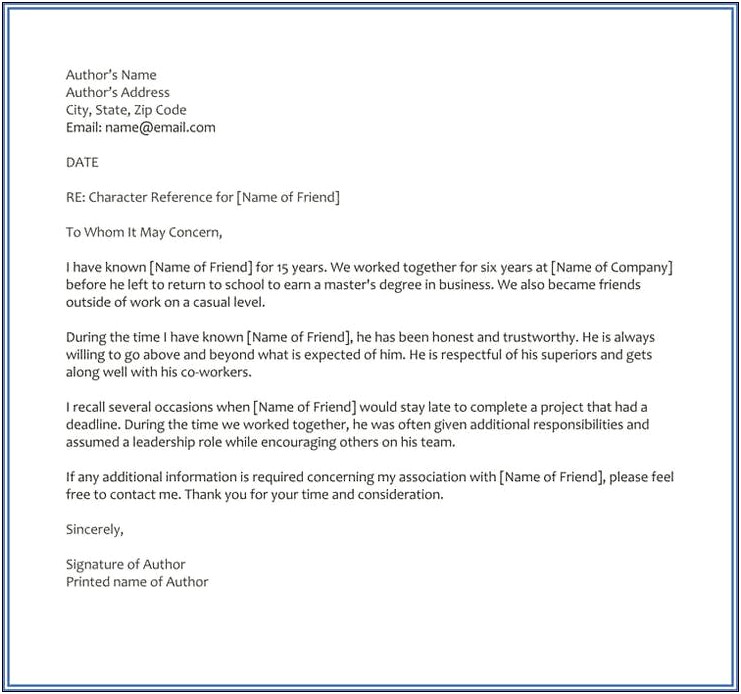 Personal Reference Letter Template For A Friend