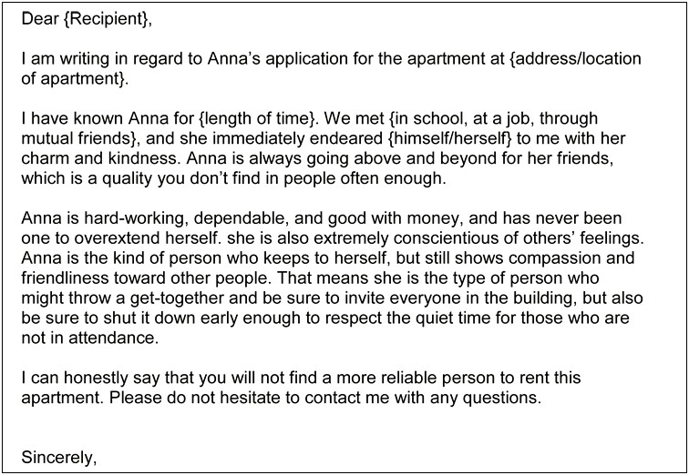 Personal Reference Letter Template For Housing