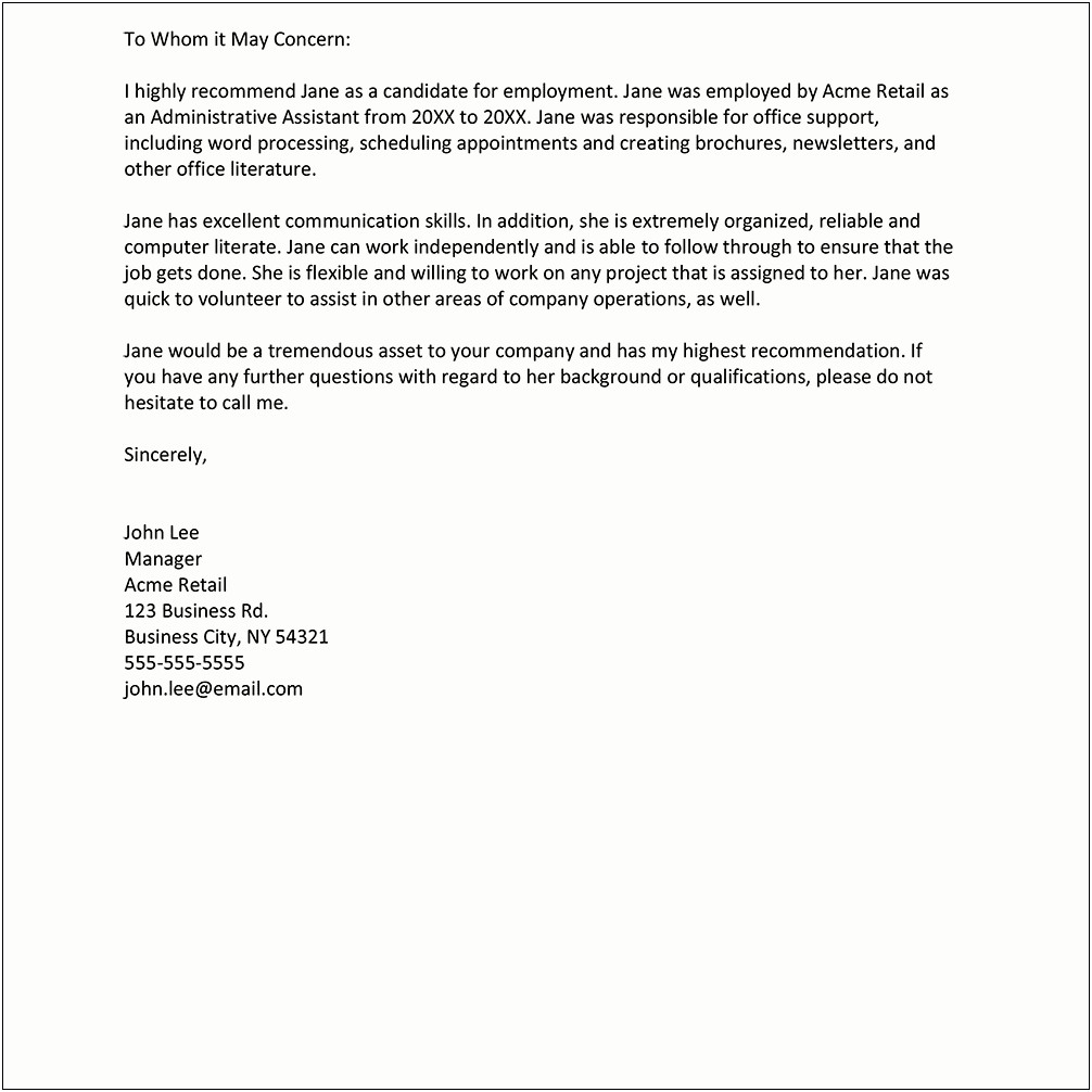 Personal Reference Letter Template For Job