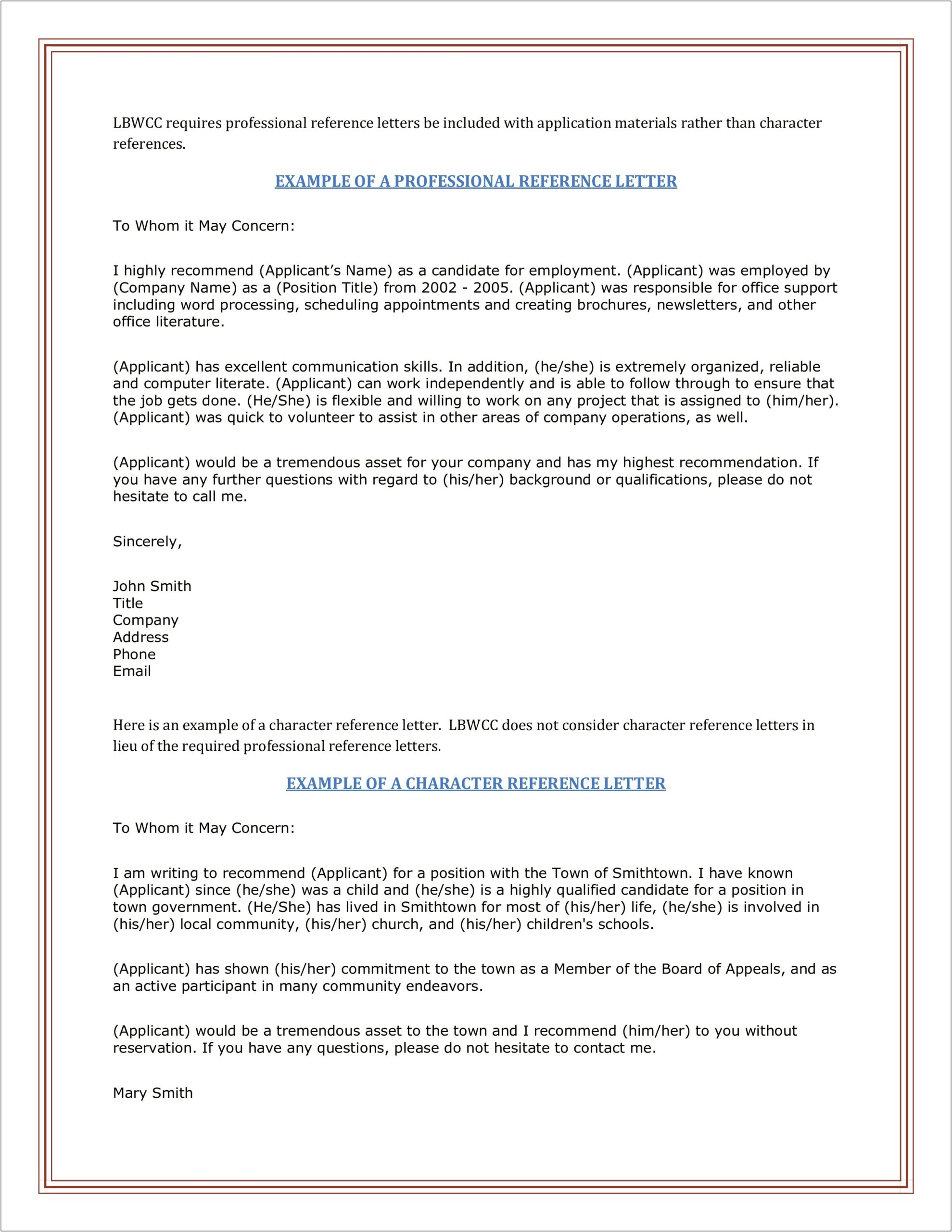 Personal Reference Letter Template Microsoft Word