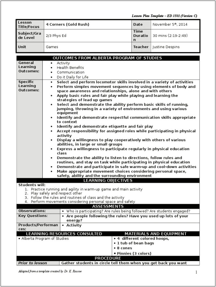 Physical Education Lesson Plan Template Alberta