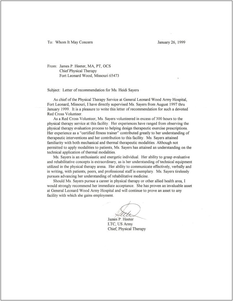 Physical Therapy Program Recommendation Letter Template