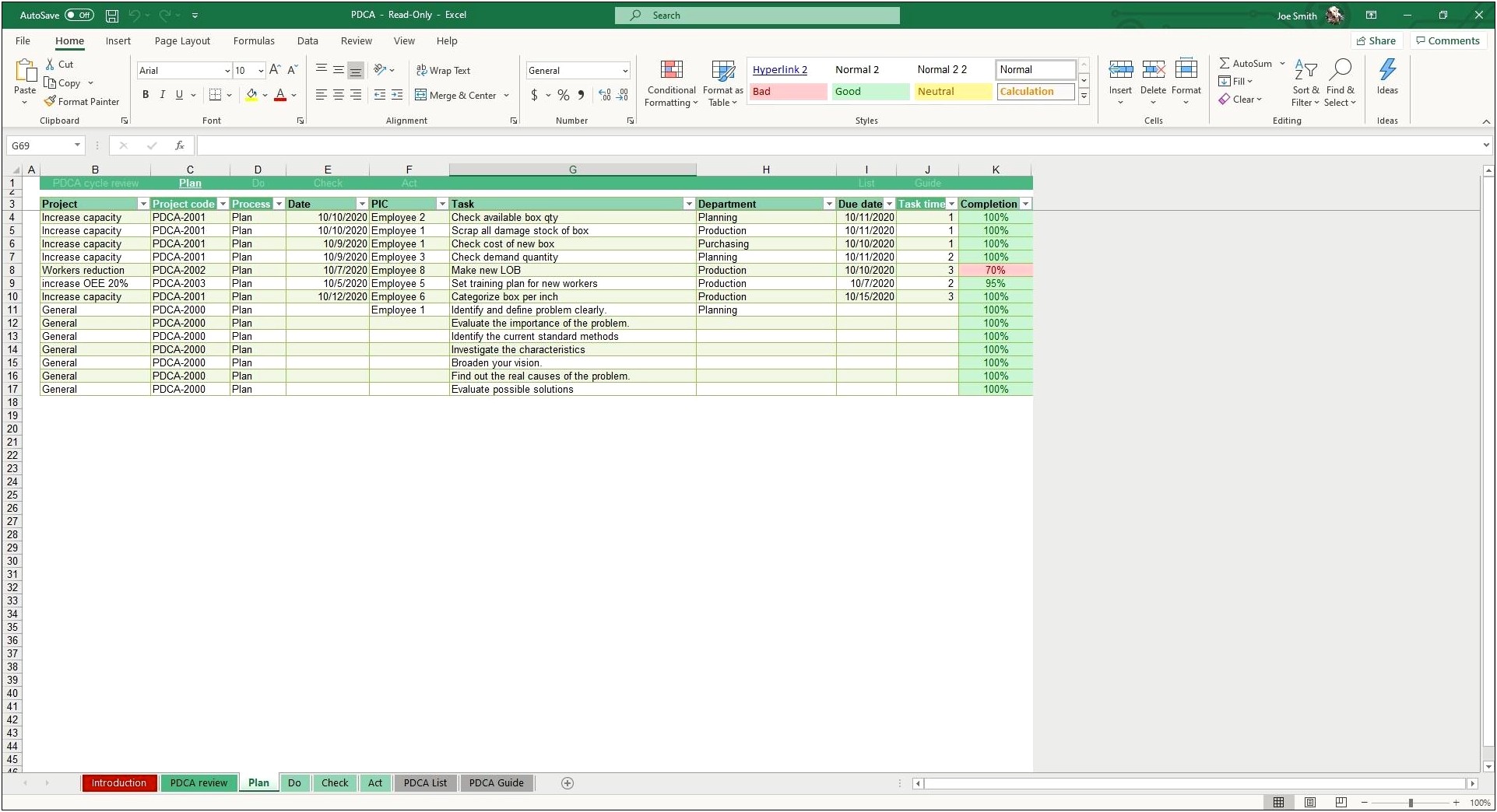 Plan Do Check Act Excel Template