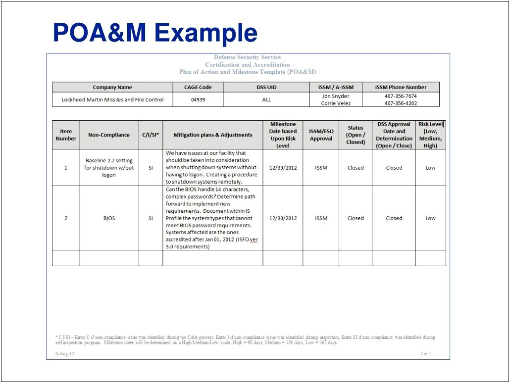 Plan Of Action And Milestones Template Army