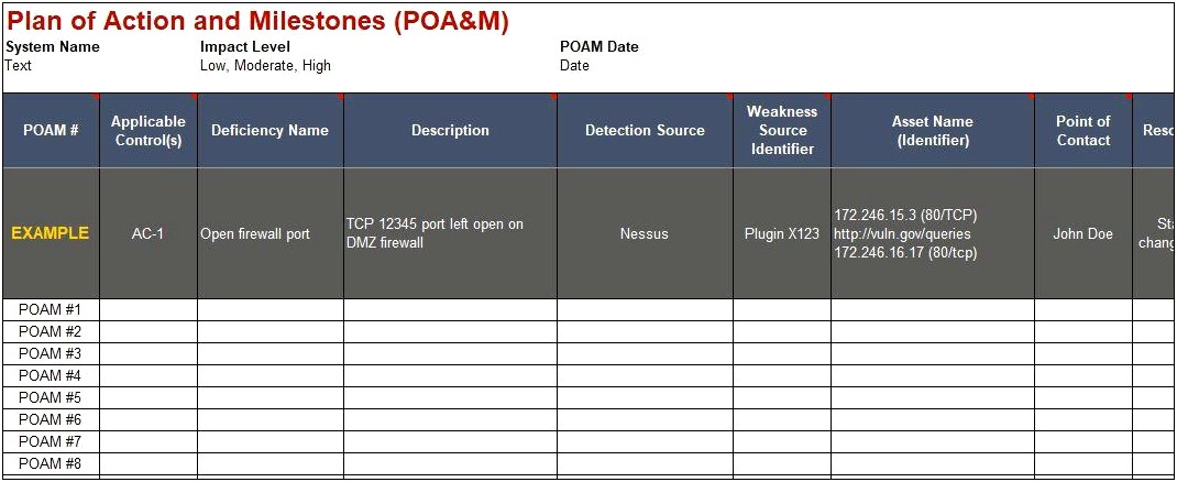 Plan Of Action And Milestones Template Dod