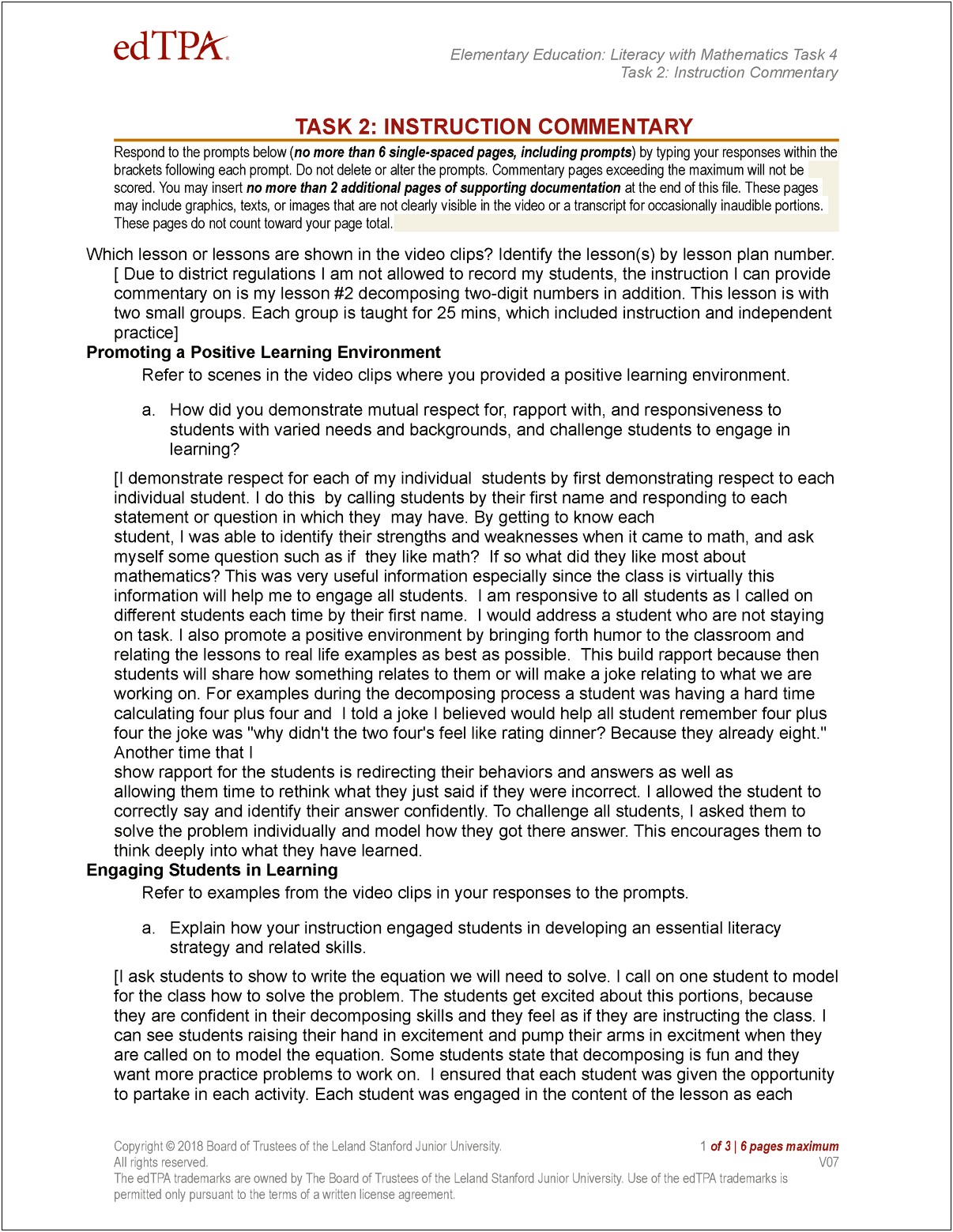 Planning Commentary Edtpa Template Secondary Ela