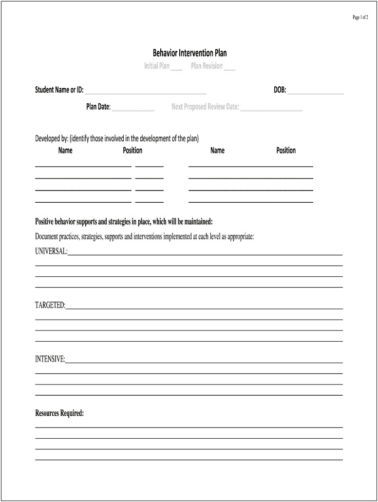 Positive Behavior Supports Behavior Plan Template