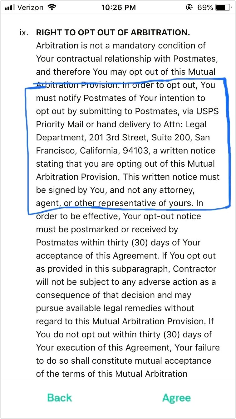 Postmates Mutual Arbitration Opt Out Letter Template