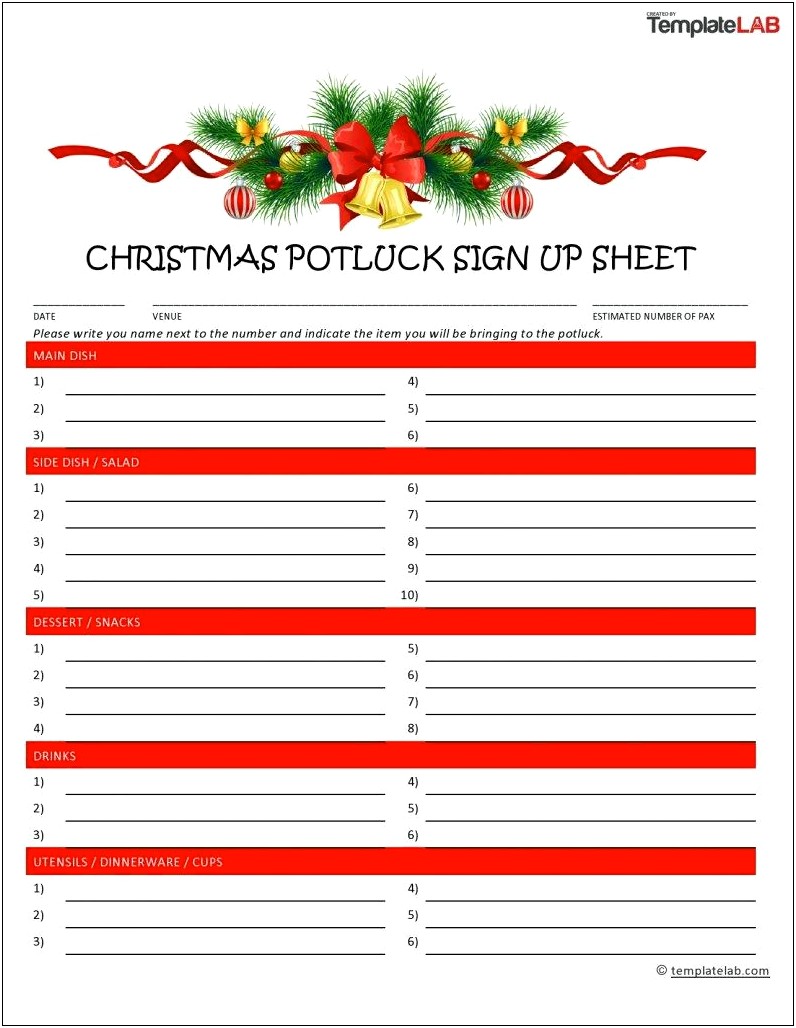 Potluck Sign Up Sheet Template Word 2010