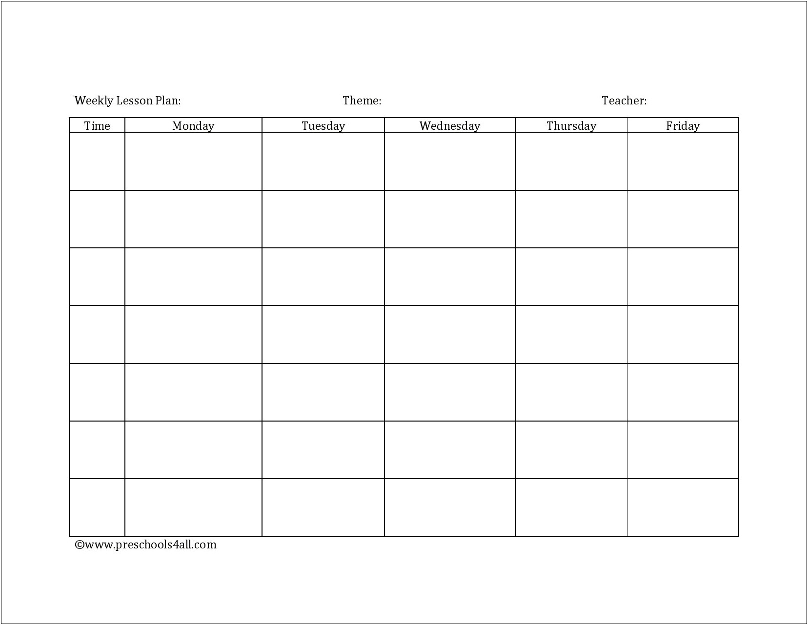 Pre K Daily Lesson Plan Template