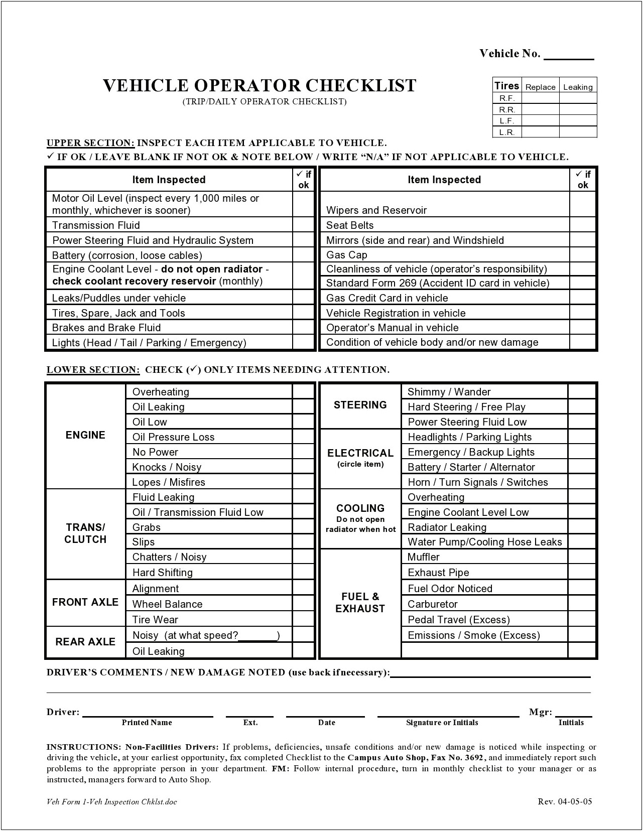 Pre Trip Auto Checklist Word Template