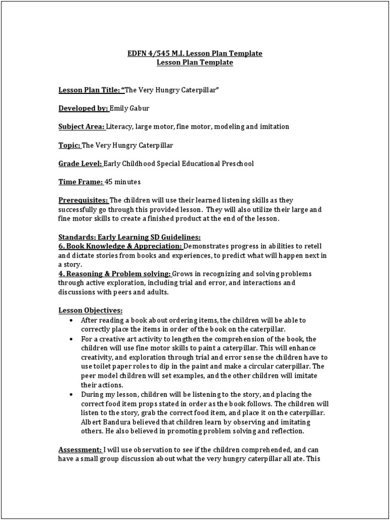 Preschool Special Education Lesson Plan Template