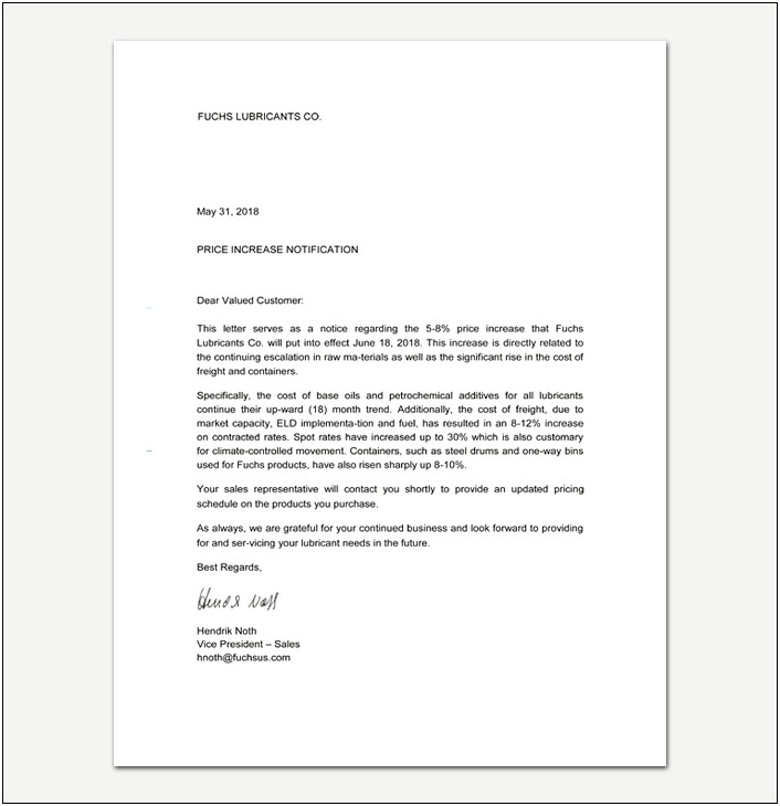 Price Increase Letter To Customer Template Print Shop