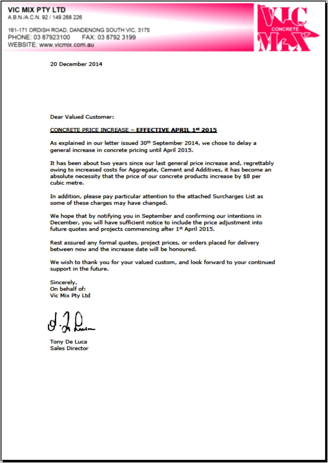 Price Increase Letter To Customers Template