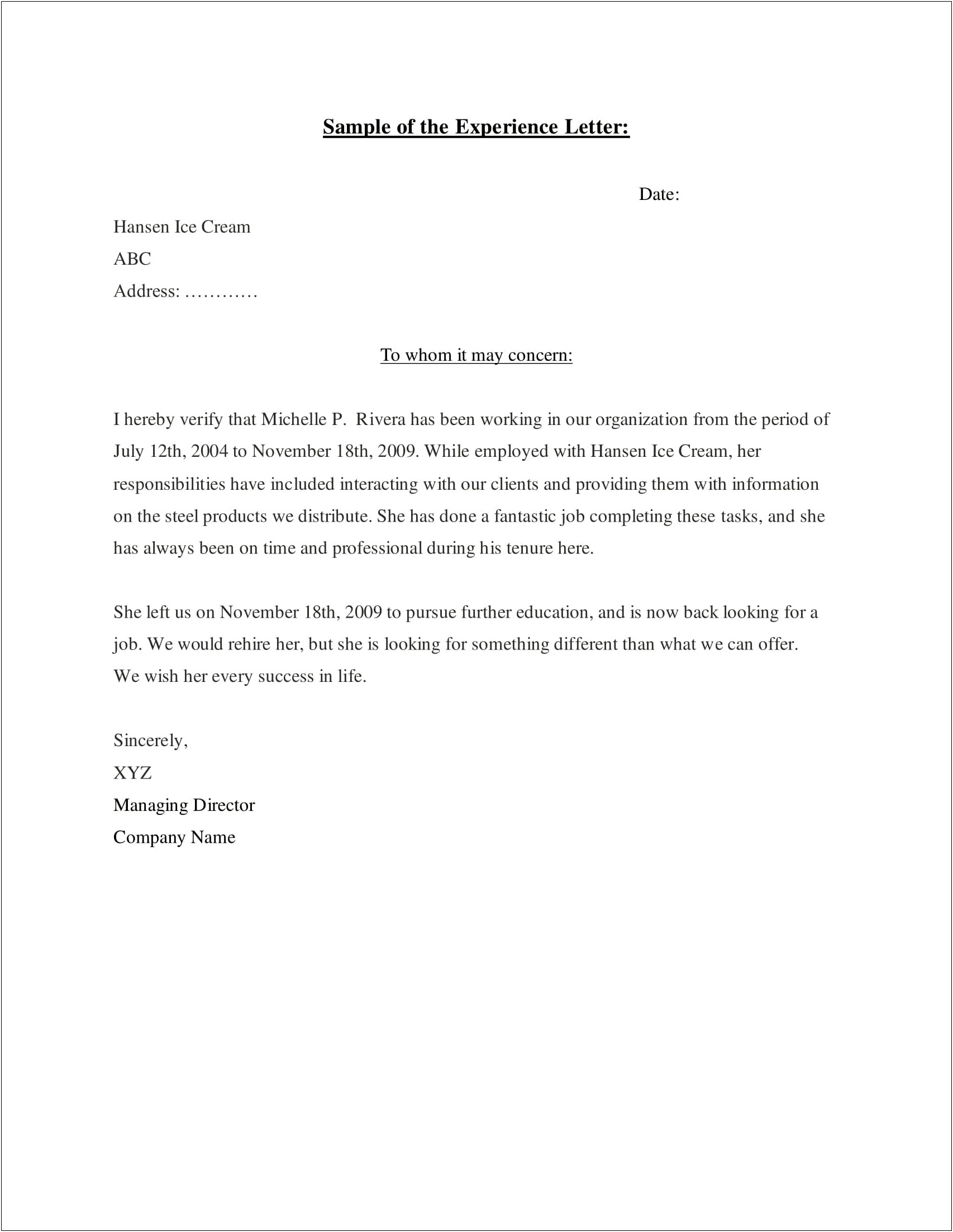 Primary School Work Experience Letter Template