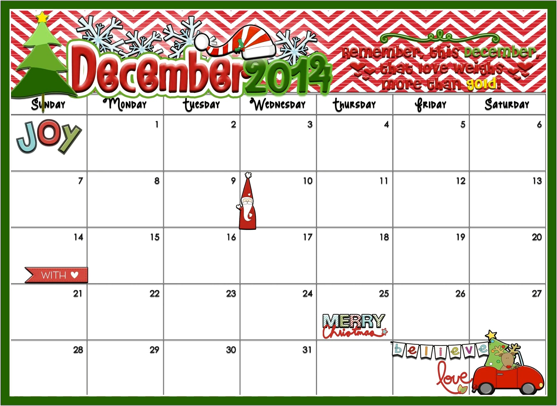 Printable December 2014 Calendar Word Template