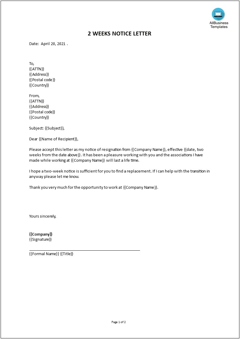 Printable Two Weeks Notice Resignation Letter Template