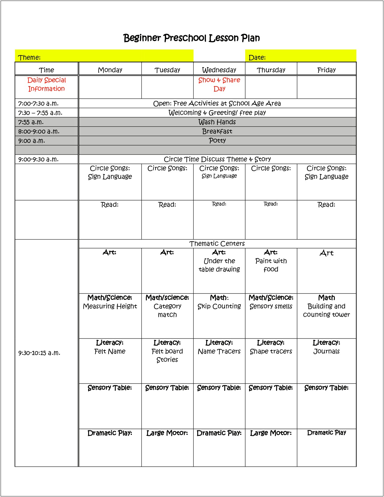 Printable Weekly Lesson Plan Template For Preschool