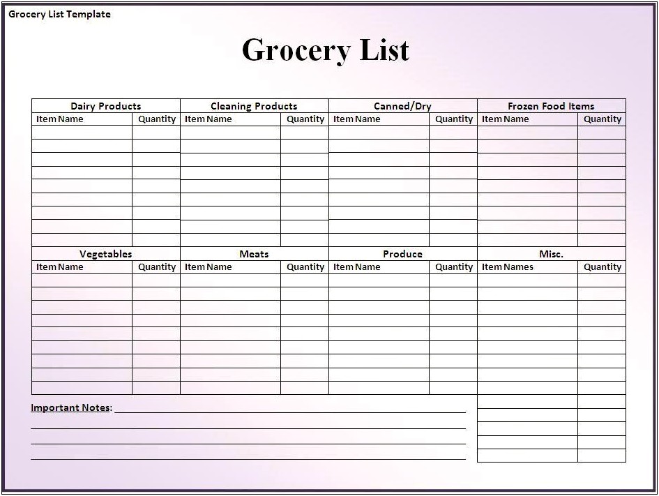 Printable Weekly Shopping List Template Word Document