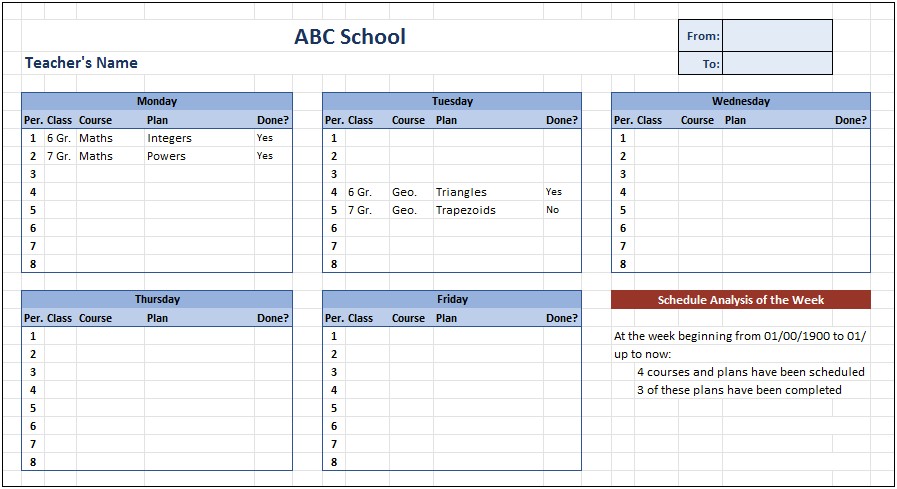 Printable Weekly Teacher 5 Subjet Lesson Plan Template