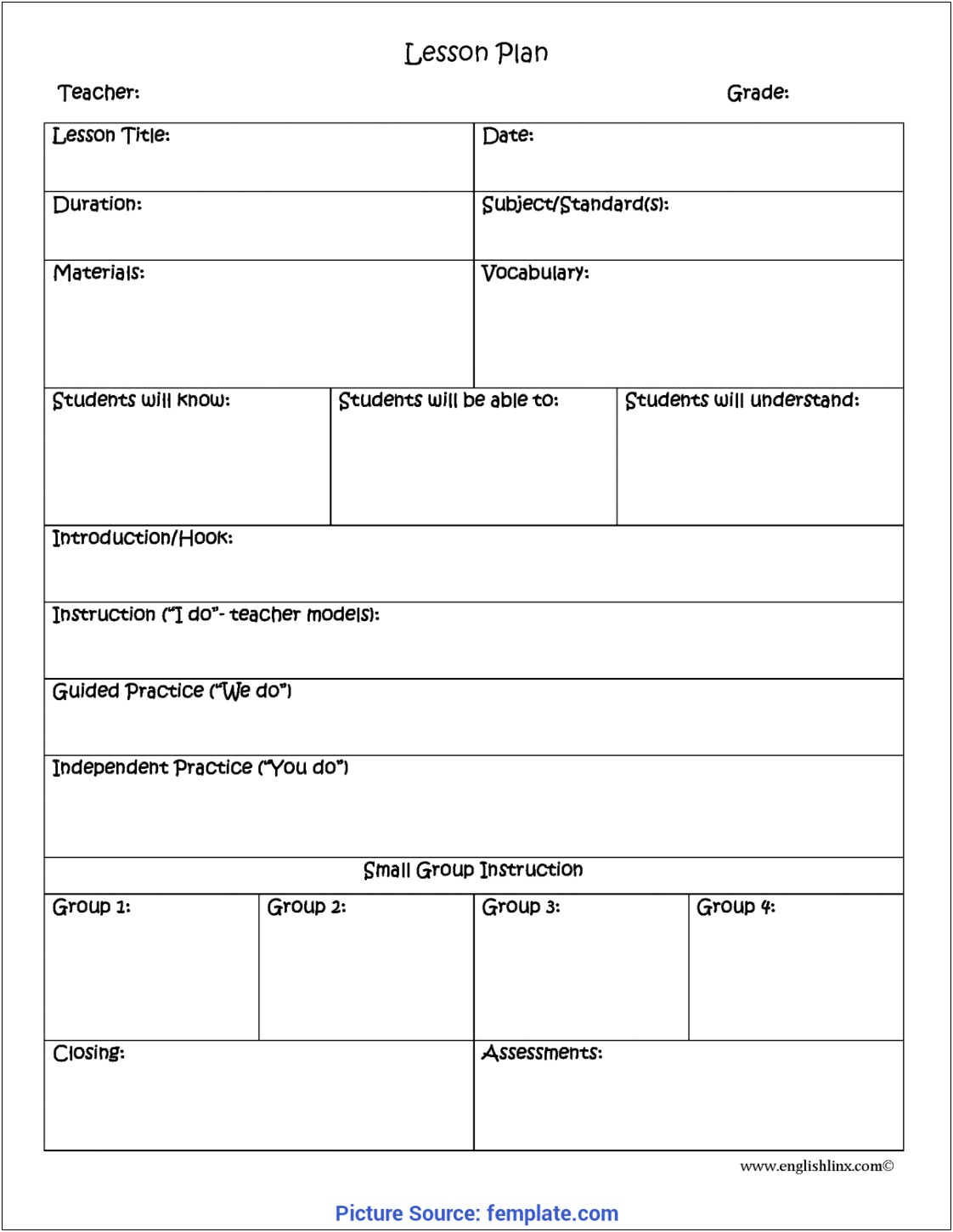 Printable Williamson Lesson Plan Template 4th Grade