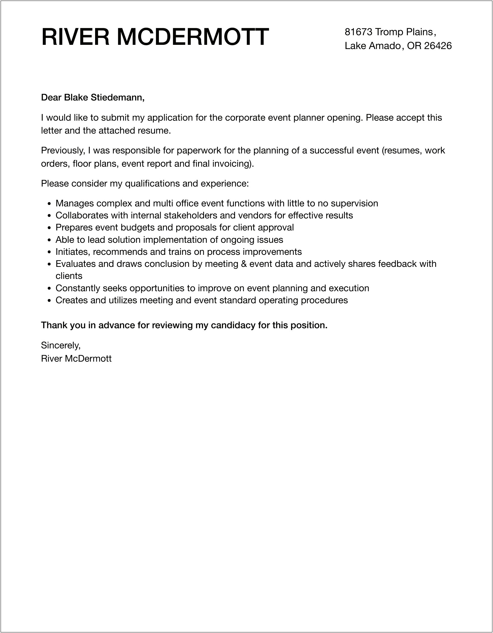 Professional Cover Letter Template For Event Planner