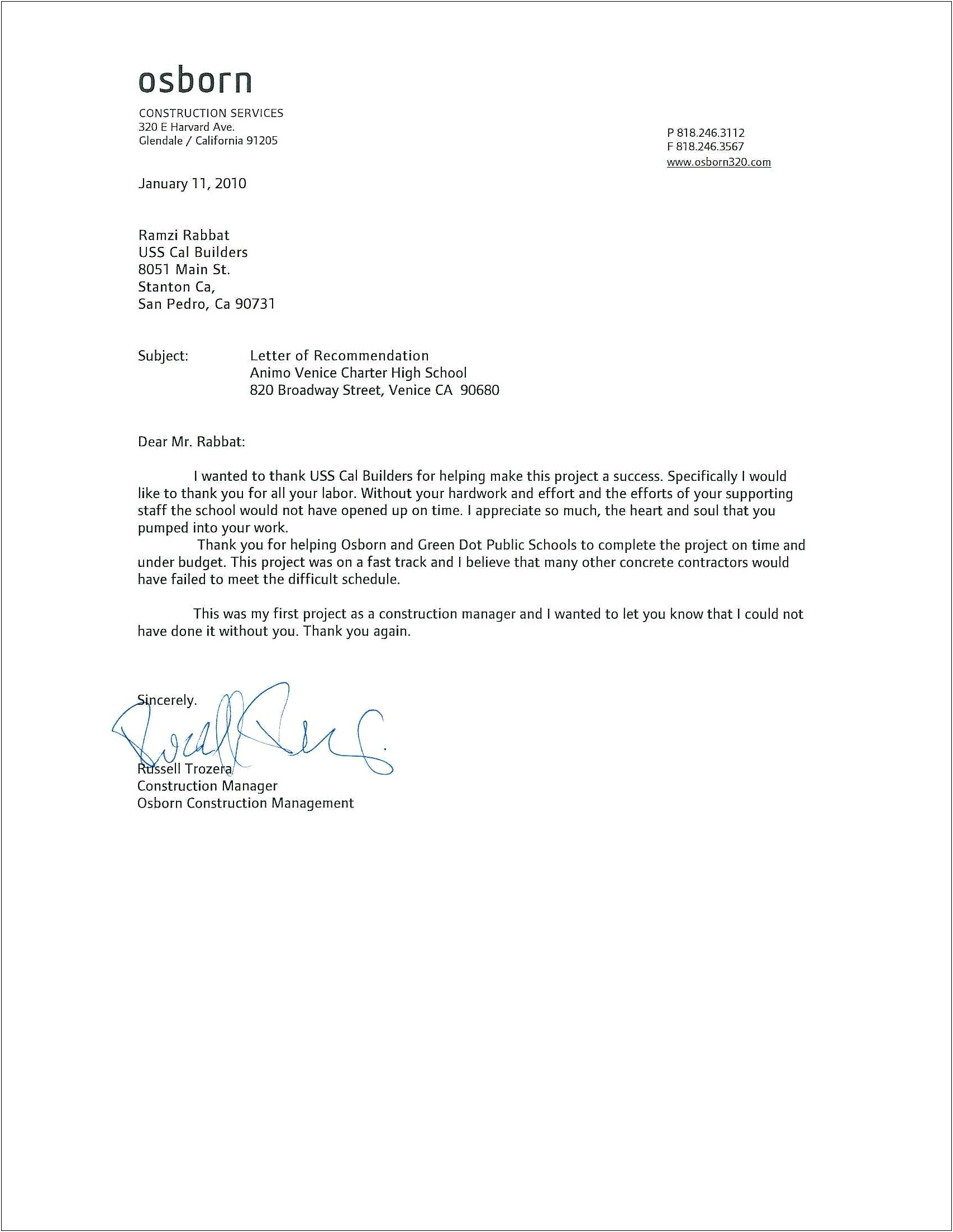 Professional Letter Of Recommendation For Employment Template