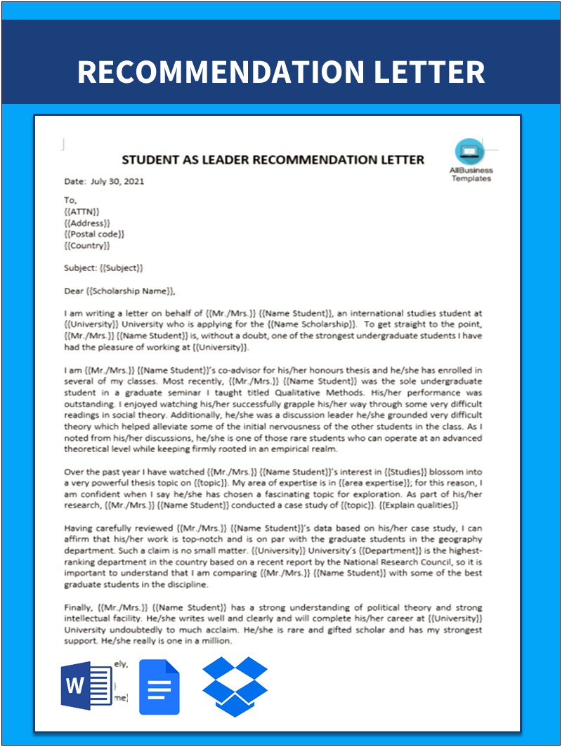 Professional Letter Of Recommendation For Graduate School Template