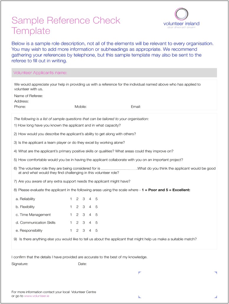 Professional Reference Check Template Word Or Excel